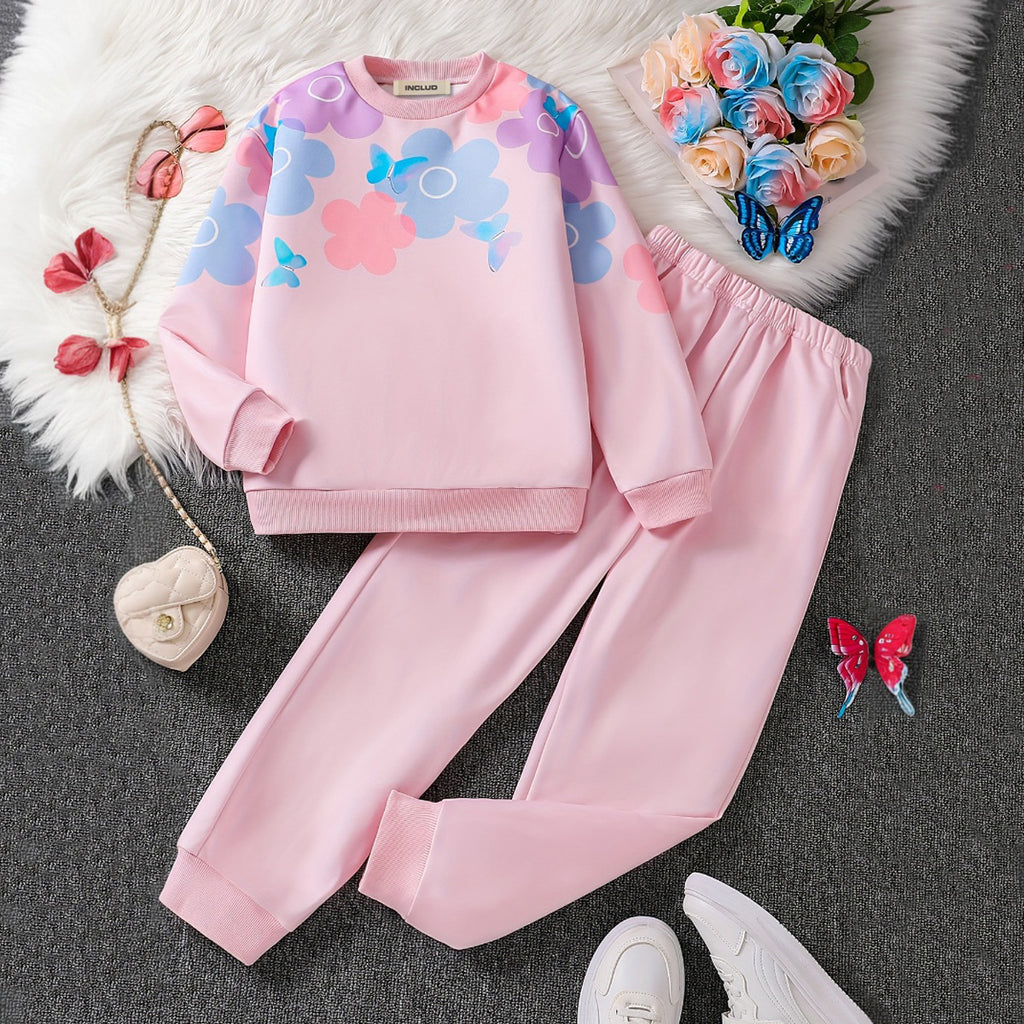 Girls Light Pink Floral Printed Sweatshirt With Joggers Set 2 pc. Sets Light Pink 7-8 Y