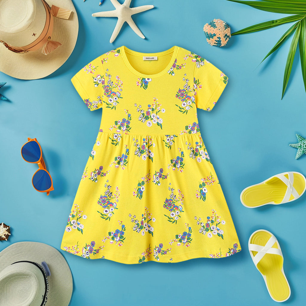 Girls Floral Print Fit & Flare Dress Casual Dresses Yellow 1-2 Y 