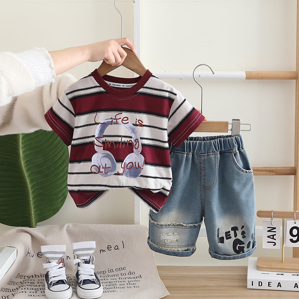 Boys Maroon Headphone Graphic Stripes T-Shirt With Denim Shorts Set 2 pc. Sets