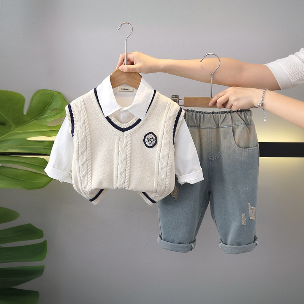 Boys Off White Self-Design Sleeveless Pullover With Shirt & Denim Pants Set Sets Off White 1-2 Y