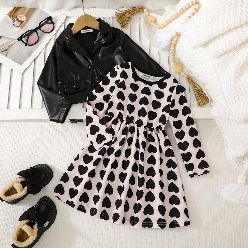Girls Black Heart Print Fit & Flare Dress With Faux Leather Jacket Casual Dresses Black 3-4 Y