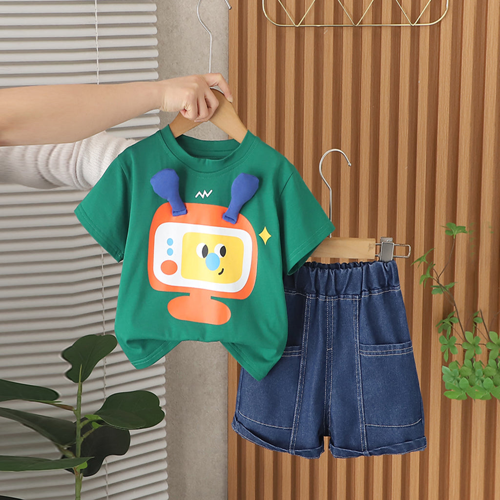 Boys Green Graphic Short Sleeves T-Shirt With Denim Shorts Set 2 pc. Sets Green 1-2 Y