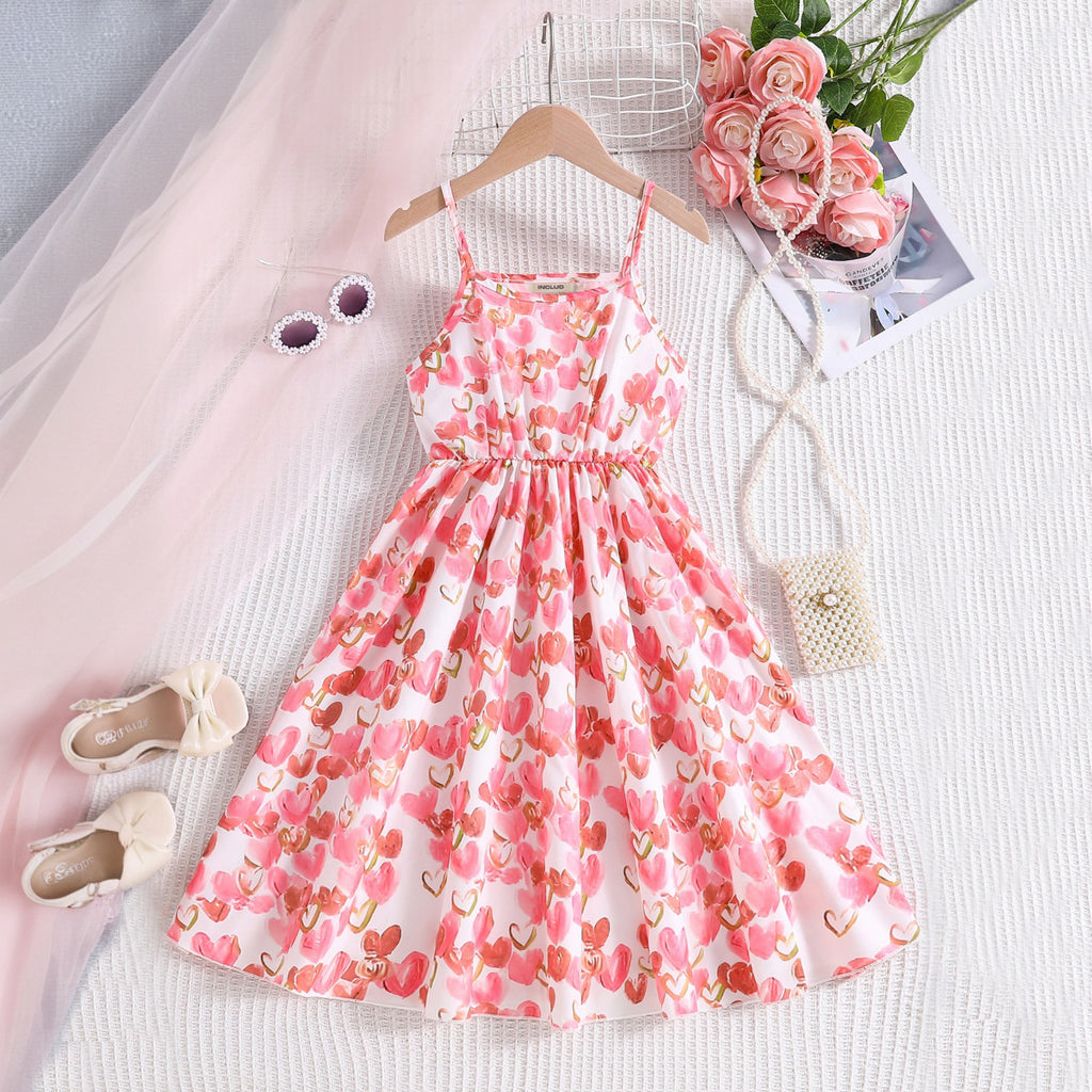 Girls Light Pink Heart Print Sleeveless Fit & Flare Casual Dress Casual Dresses