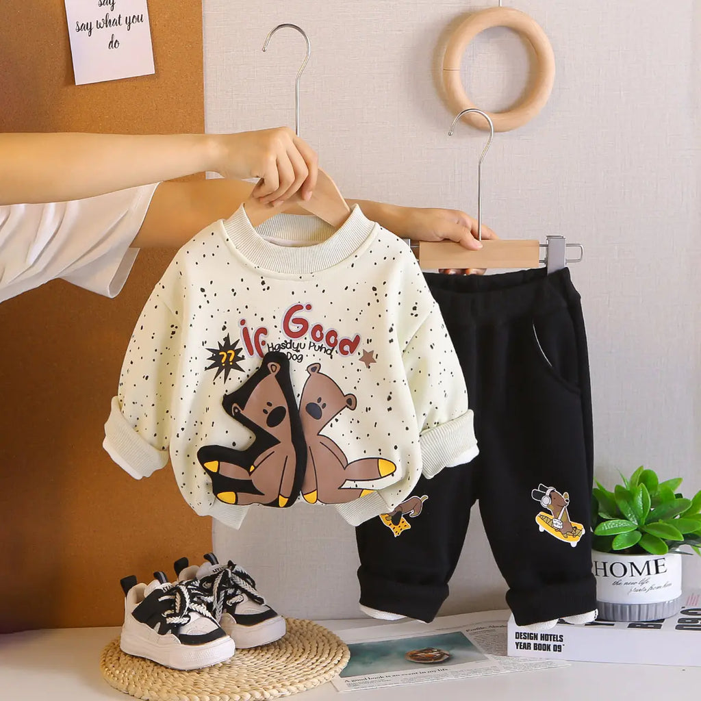 Girls Off White Bear Cartoon Printed Sweatshirt With Jogger Sets Sets Off White 1-2 Y