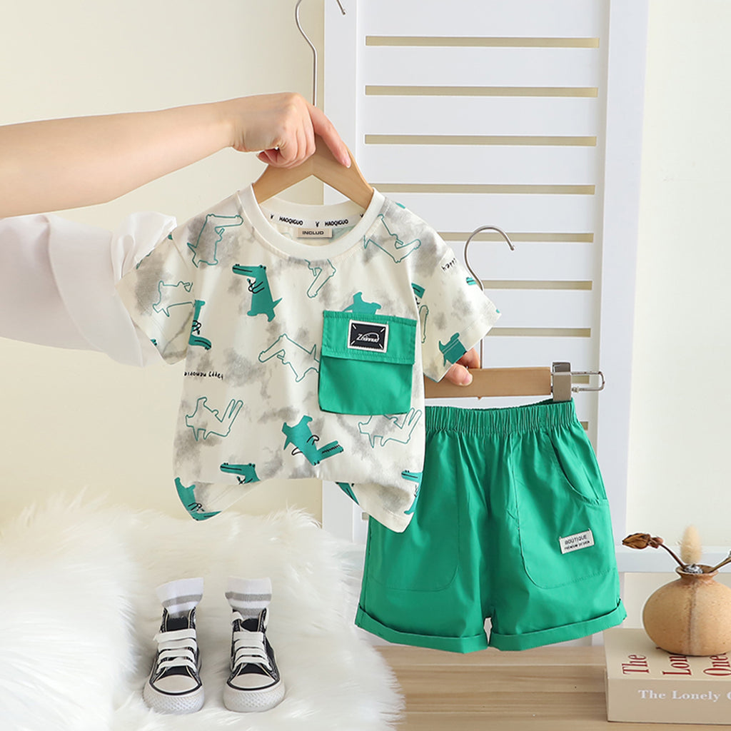 Boys Green Abstract Printed Contrast Pocketed T-Shirt With Shorts Set 2 pc. Sets Green 1-2 Y