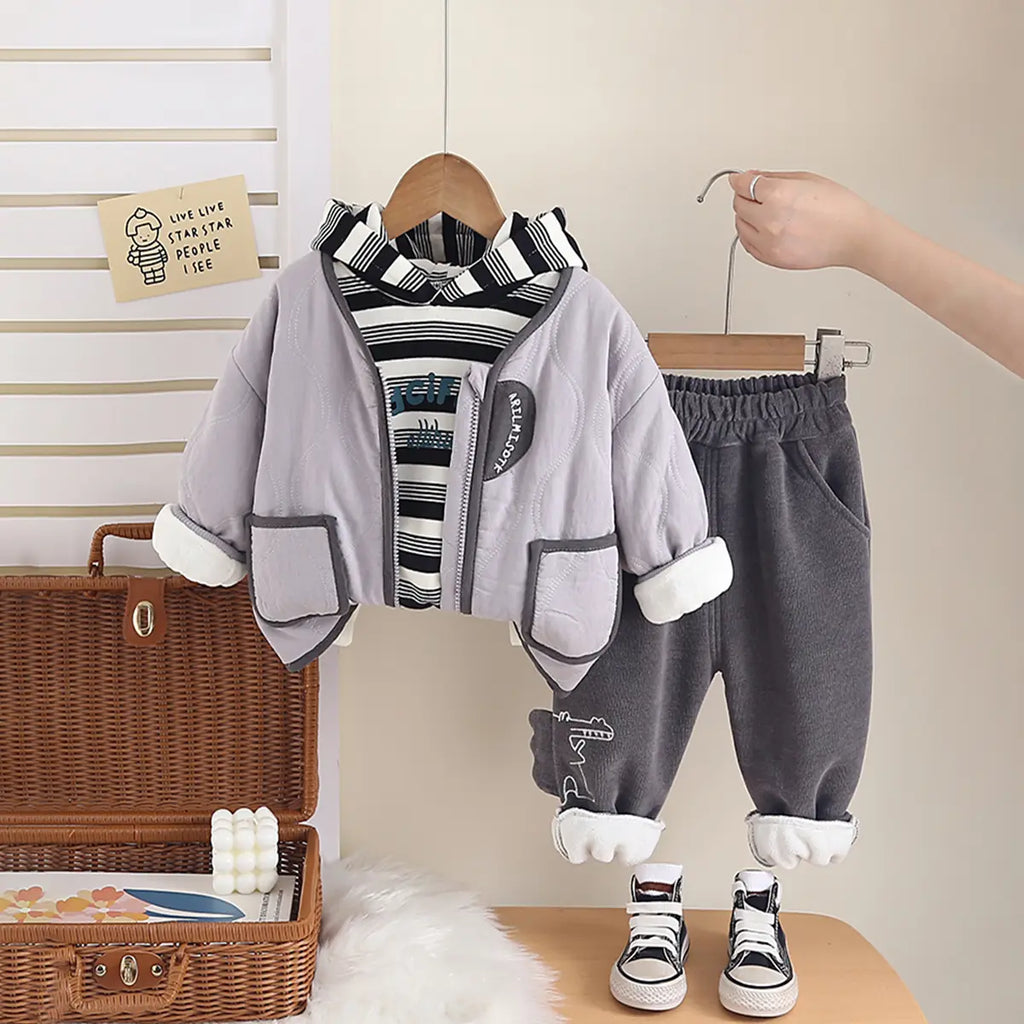 Boys Grey Quilted Zip-up Jacket With Striped Hoodie & Jogger Sets Sets Grey 1-2 Y