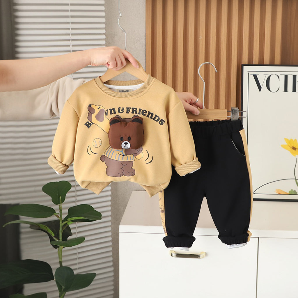 Boys Khaki Bear Printed Sweatshirt With Pants Set 2 pc. Sets Khaki 1-2 Y