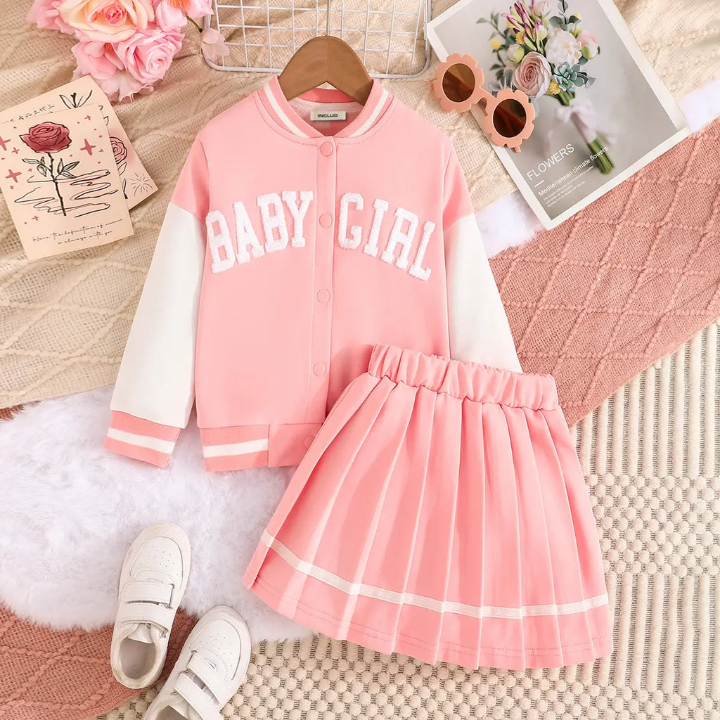Girls Pink Embroidered Varsity Jacket With T-Shirt & Skirt Sets Sets Pink 2-3 Y