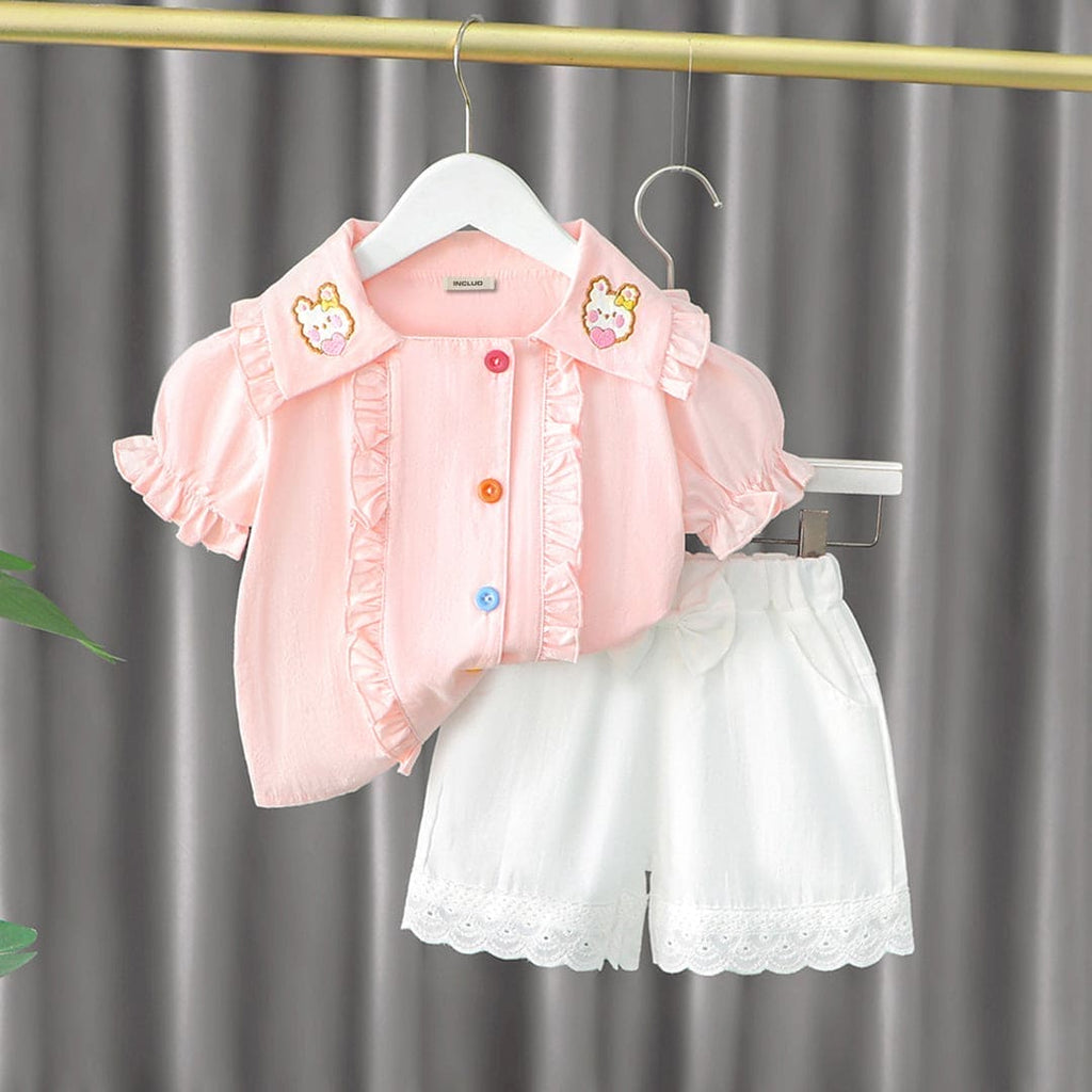Girls Pink Collar Embroidery Top With Lace Bottom Shorts (Copy) Sets Pink 1-2 Y
