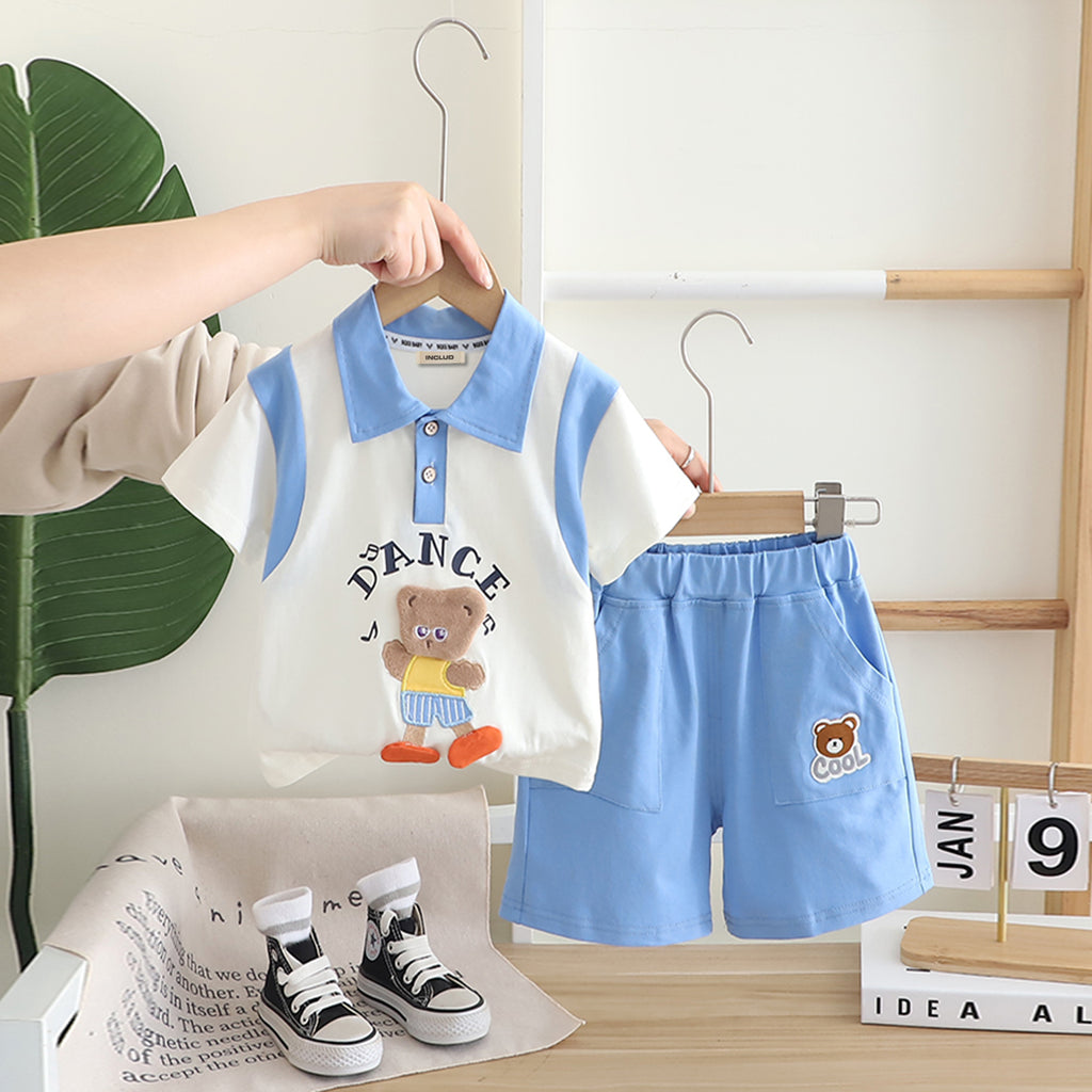 Boys Blue Teddy Patch Polo T-shirt With Shorts Set Sets Blue 1-2 Y