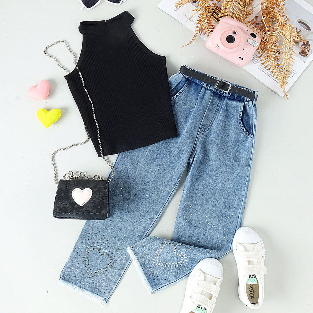 Girls Halter Neck Top With Beaded Denim Trousers Set 2 pc. Sets Black 4-5 Y 