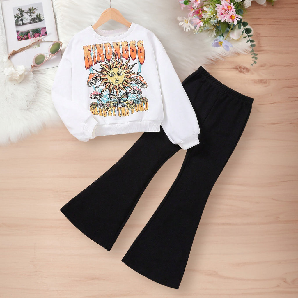 Girls White Sun Cartoon Printed Sweatshirt With Flared Pants Set 2 pc. Sets White 7-8 Y
