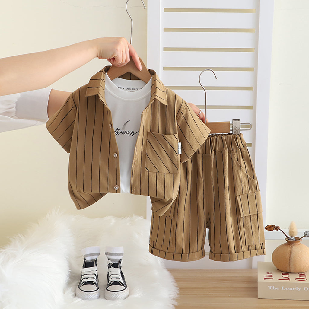 Boys Khaki Striped Short Sleeves Shirt With T-Shirt And Cargo Shorts Set Sets Khaki 1-2 Y