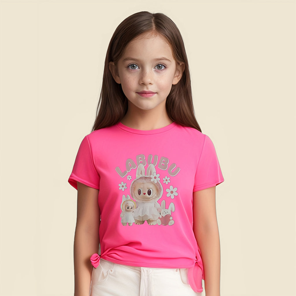 Girls Fuchsia Doll Printed Short Sleeves Casual T-shirt Tshirts Fuchsia 5-6 Y