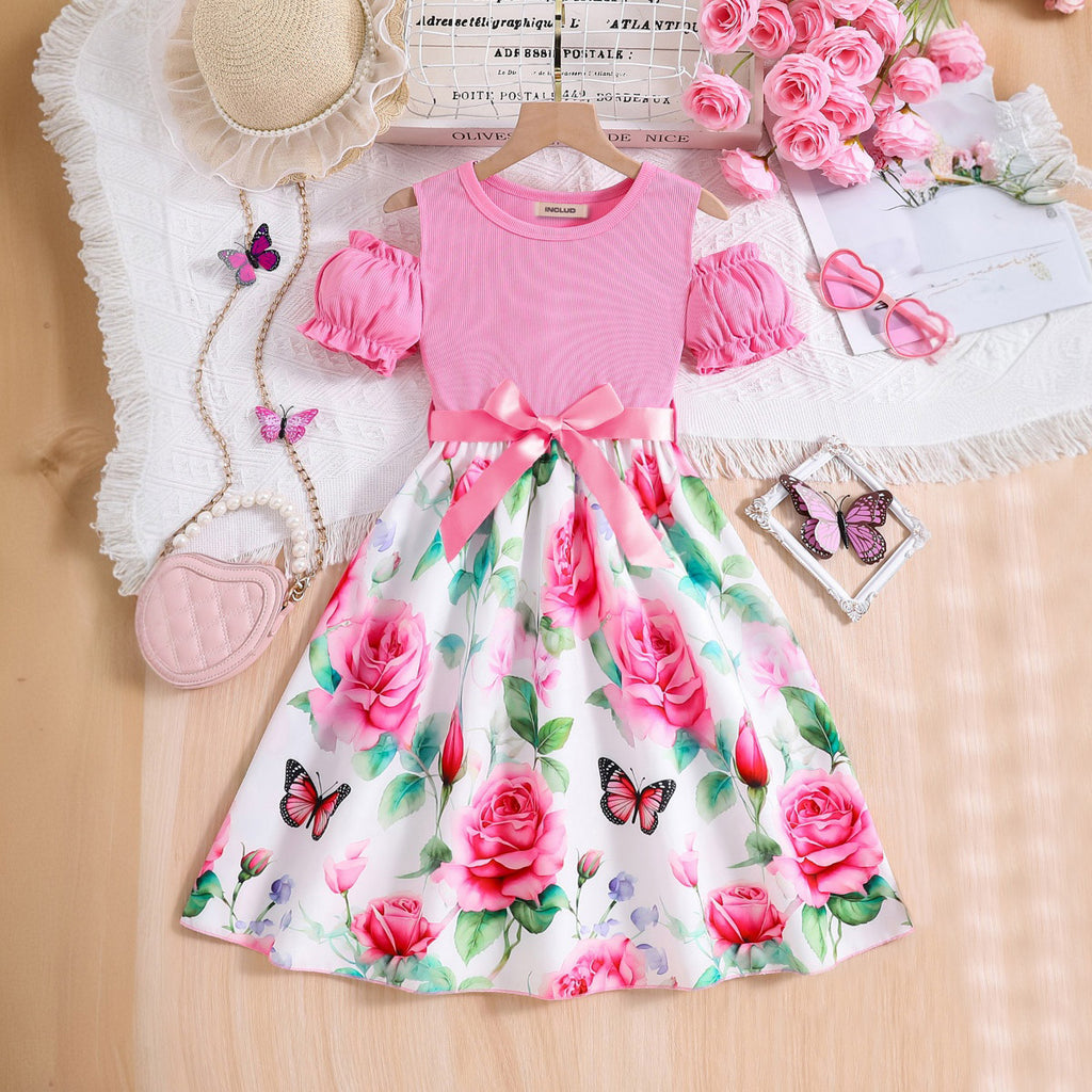 Girls Pink Rose Printed Cold Shoulder Fit And Flared Midi Dress Casual Dresses Pink 3-4 Y