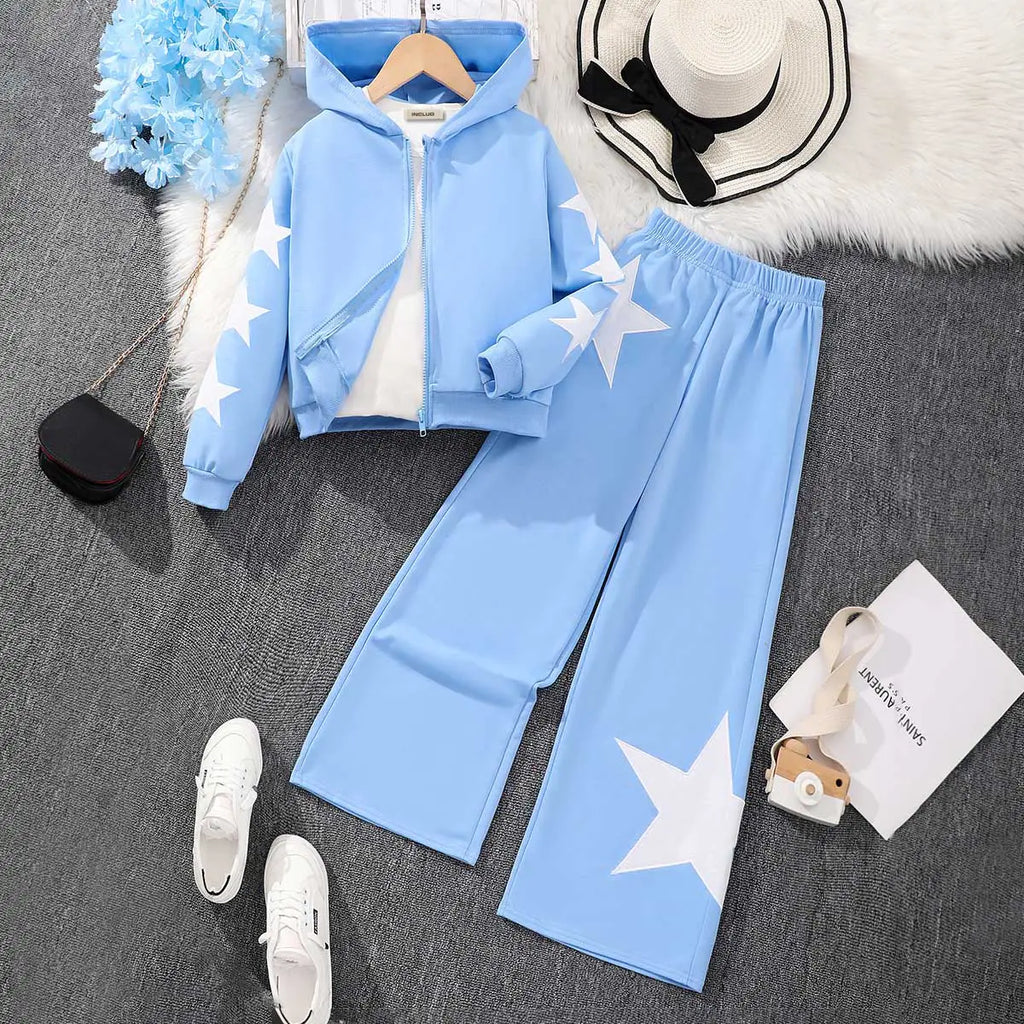 Girls Blue Star Embroidered Hooded Zipper Sweatshirt With Jogger Sets Sets Blue 7-8 Y