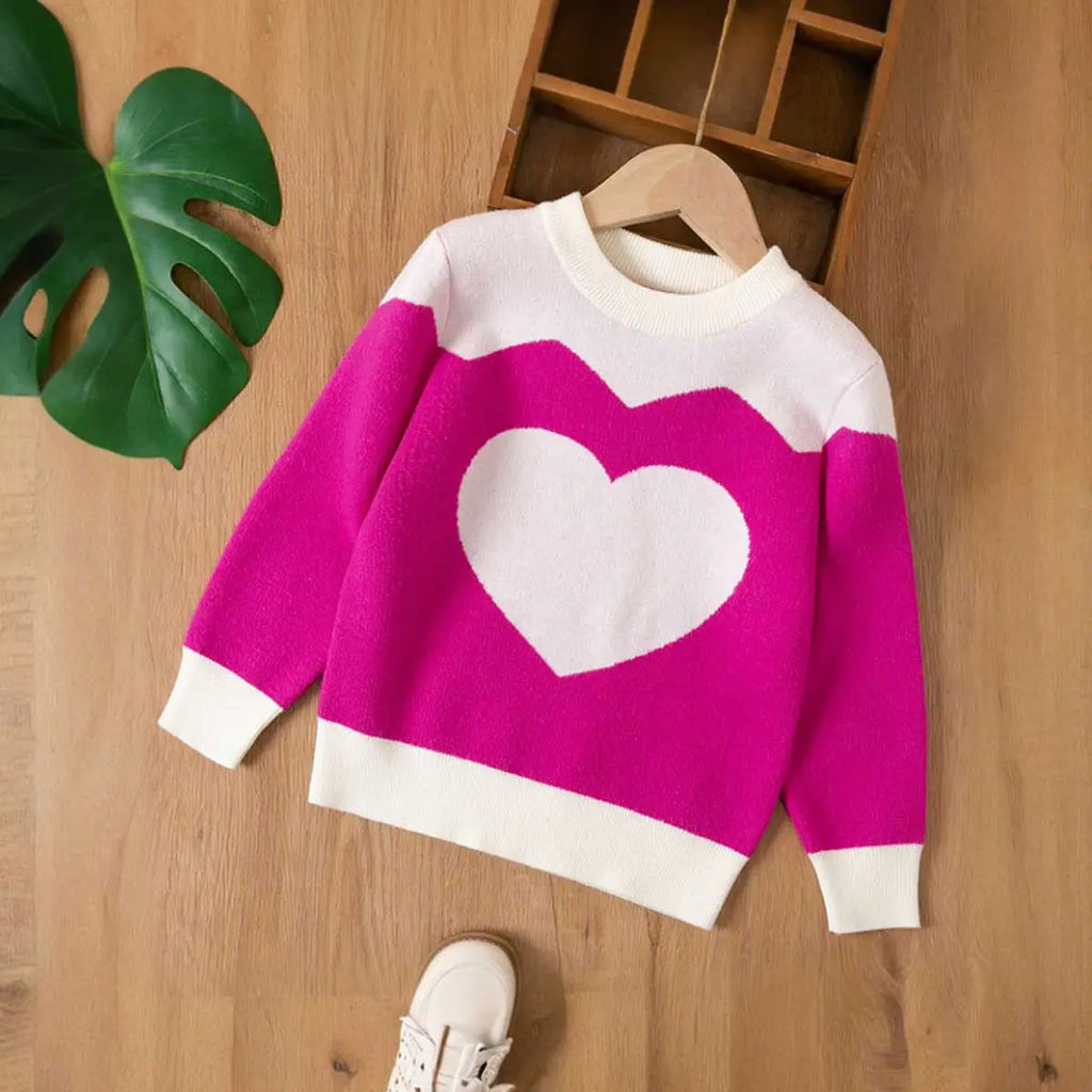 Girls Fuchsia Sweater With Self-Design Heart Pattern Sweaters & Cardigans Fuchsia 3-4 Y
