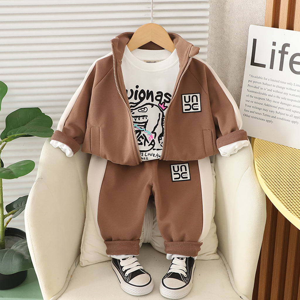 Boys Brown Graphics Printed Zipper Sweatshirt With Pant Set 3 pc. Sets Brown 1-2 Y