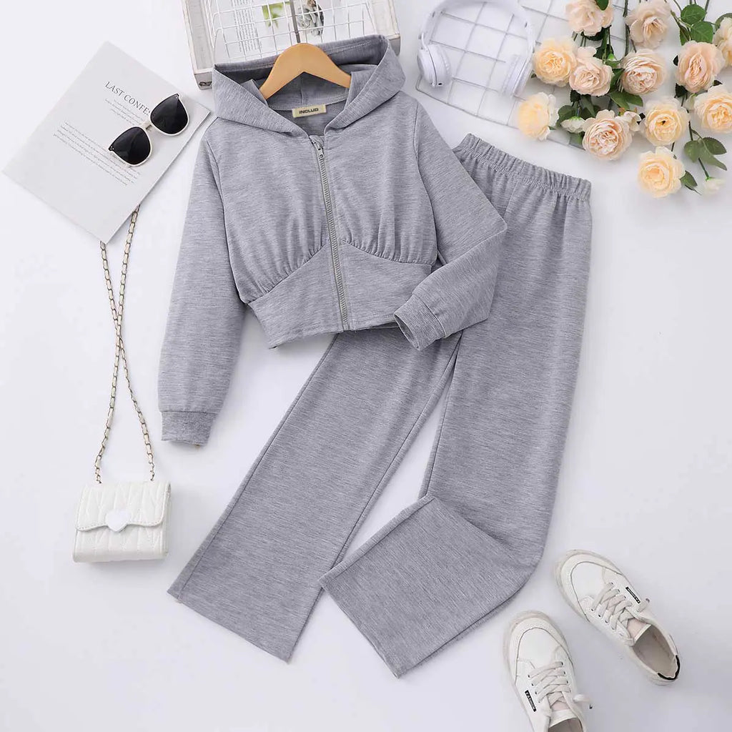 Girls Grey Hooded Sweatshirt With Elasticated Pants Sets 2 pc. Sets Grey 8-9 Y