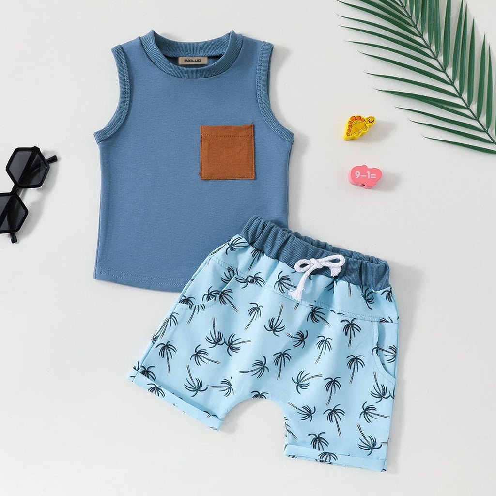 Boys Sleeveless Vest With Printed Shorts Set Sets Blue 1-2 Y 
