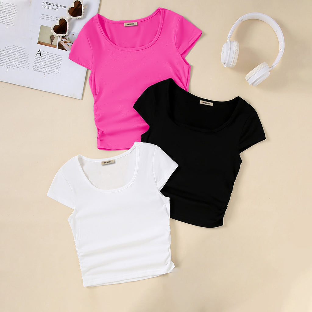 Girls Pink Short Sleeve Round Neck Top (Pack Of 3) Value Packs Pink 12-13 Y