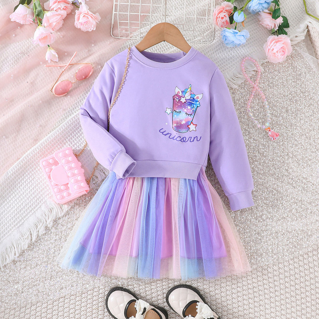 Girls Mauve Unicorn Printed Sweatshirt Tulle Overlay Dress Casual Dresses Purple 3-4 Y