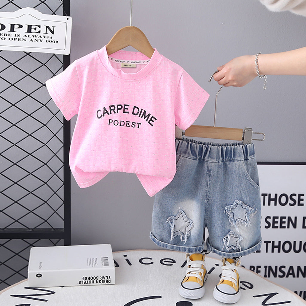 Boys Pink Short Sleeve Printed T-Shirt With Star Applique Denim Shorts Set 2 pc. Sets Pink 1-2 Y