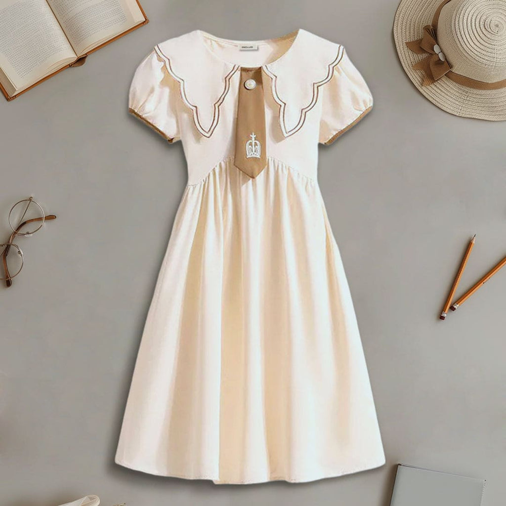 Girls Short Sleeve Scalloped Collar Dress Casual Dresses Beige 4-5 Y 