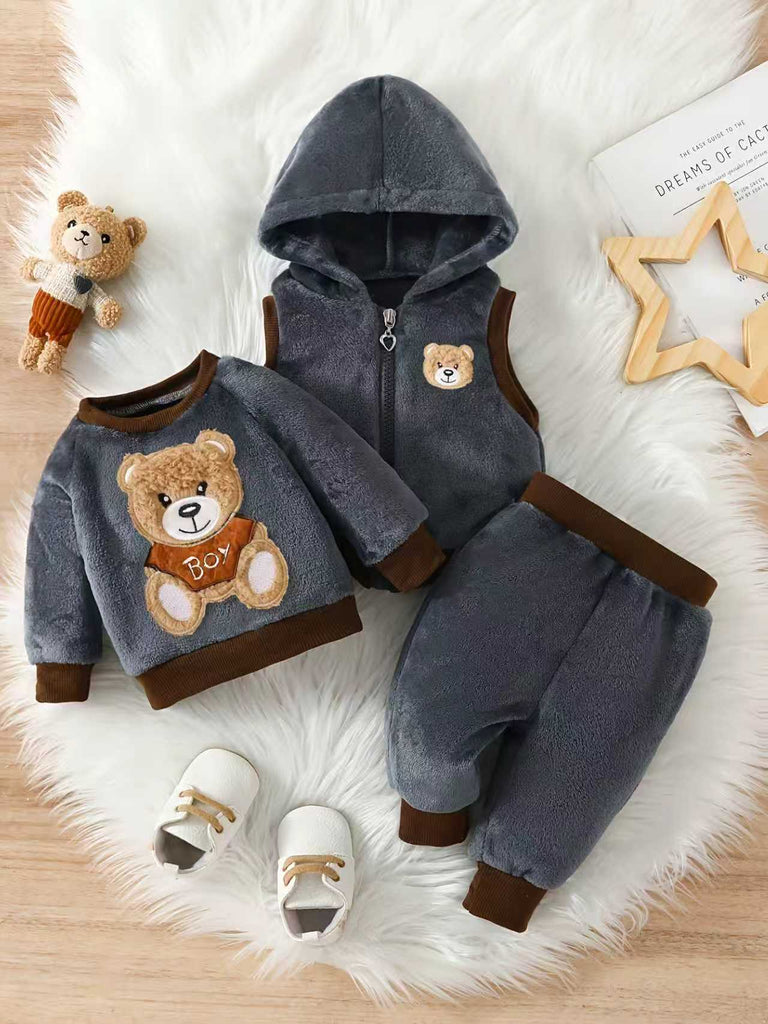 Boys Grey Teddy Bear Applique Sweatshirt With Sleeveless Hooded Jacket & Jogger Co-ord Sets Sets Grey 3-4 Y