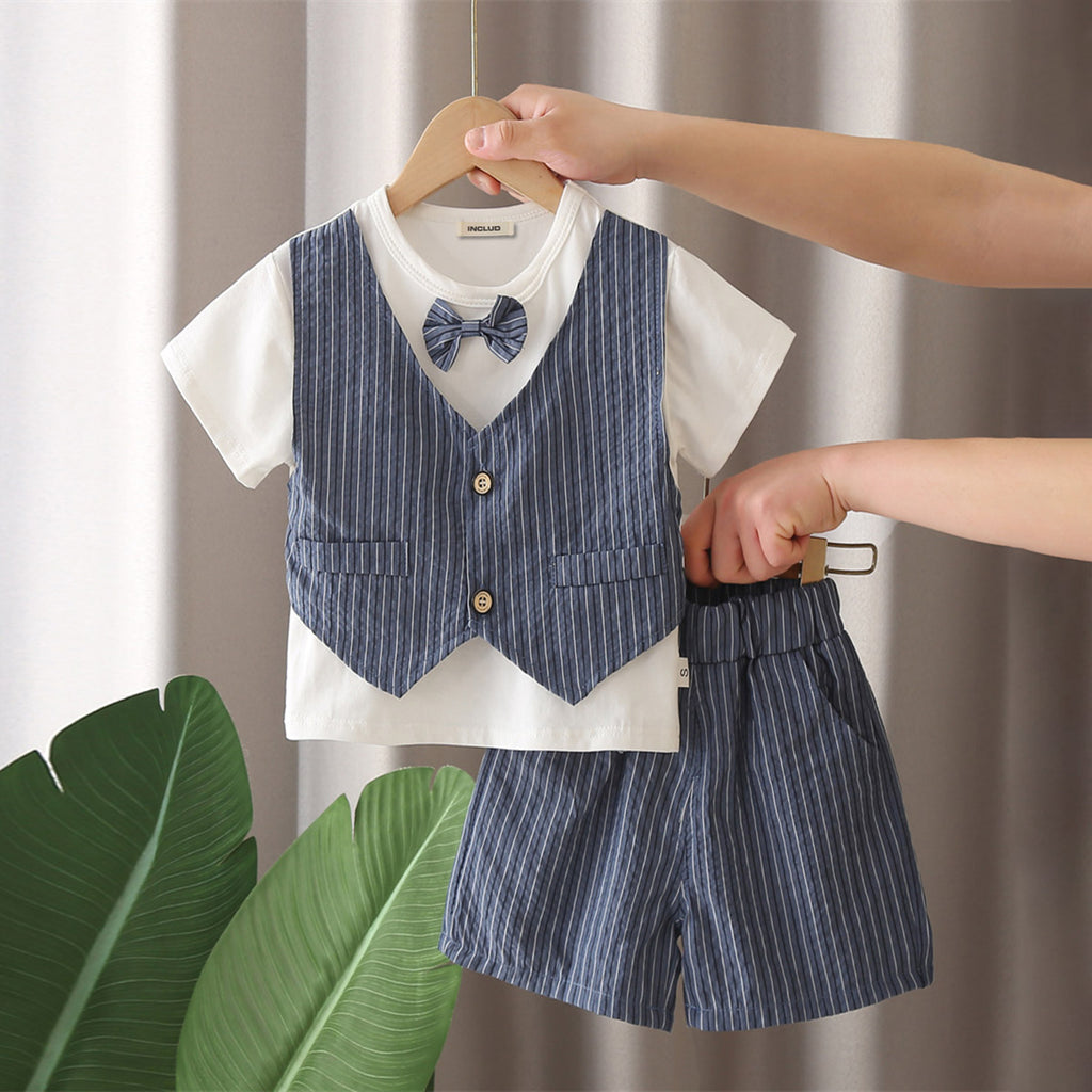 Boys Blue Striped Shorts with Short Sleeves T-shirt with attached Waistcoat Set Sets Blue 1-2 Y