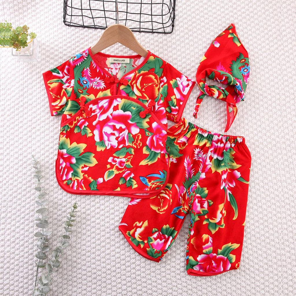 Girls Floral Print Top With Printed Pants Sets Red 1-2 Y 