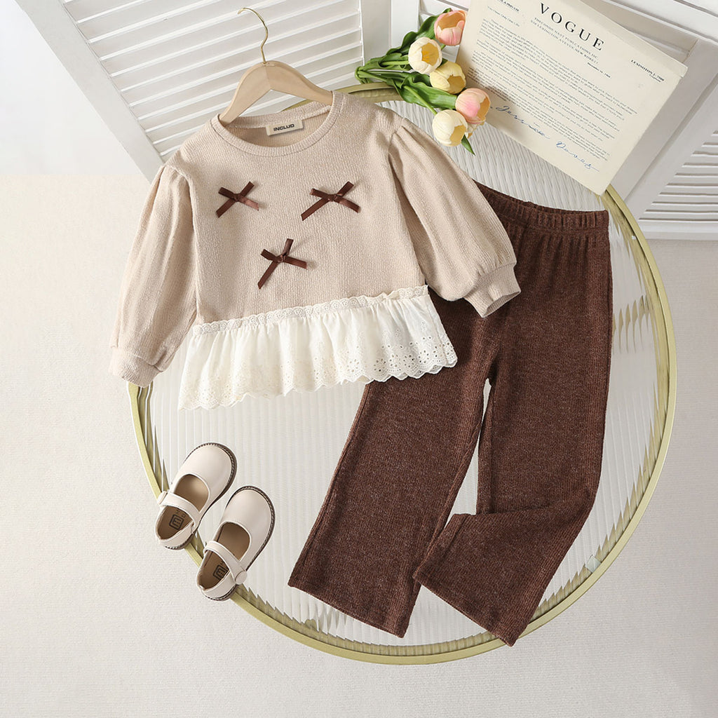 Girls Beige Lace Inserted Top With Pants Sets 2 pc. Sets Beige 3-4 Y