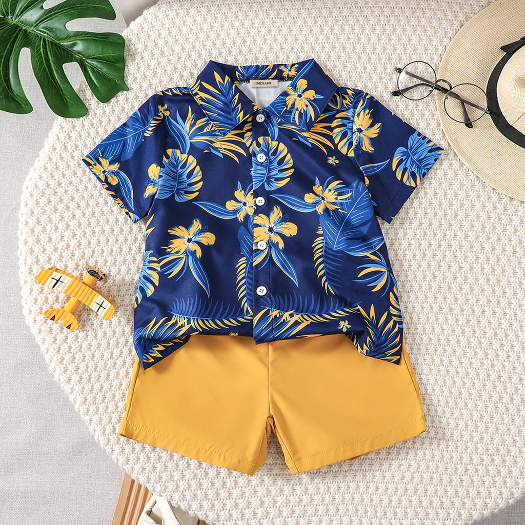 Boys Blue Tropical Print Short Sleeves Shirt With Shorts Set 2 pc. Sets