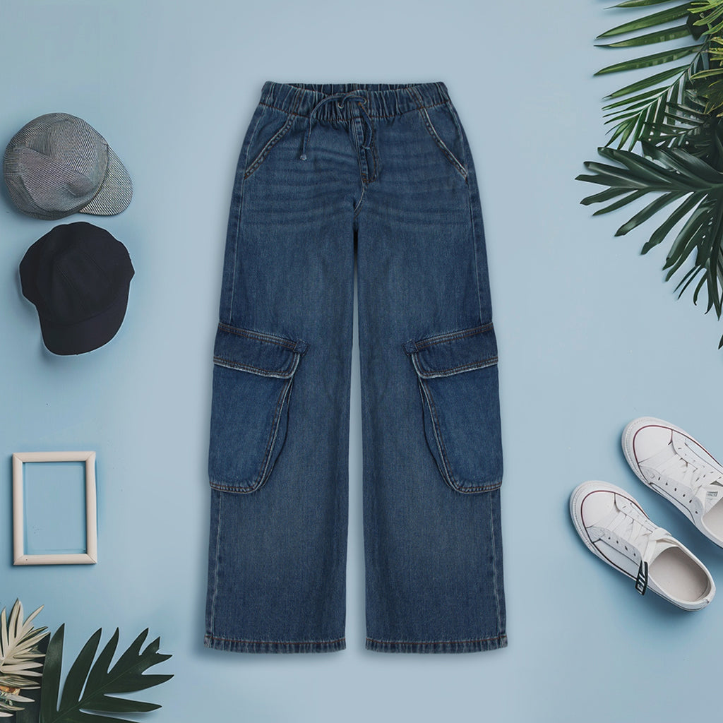 Girls Straight Fit Cargo Denim Trousers Jeans Blue 6-7 Y 
