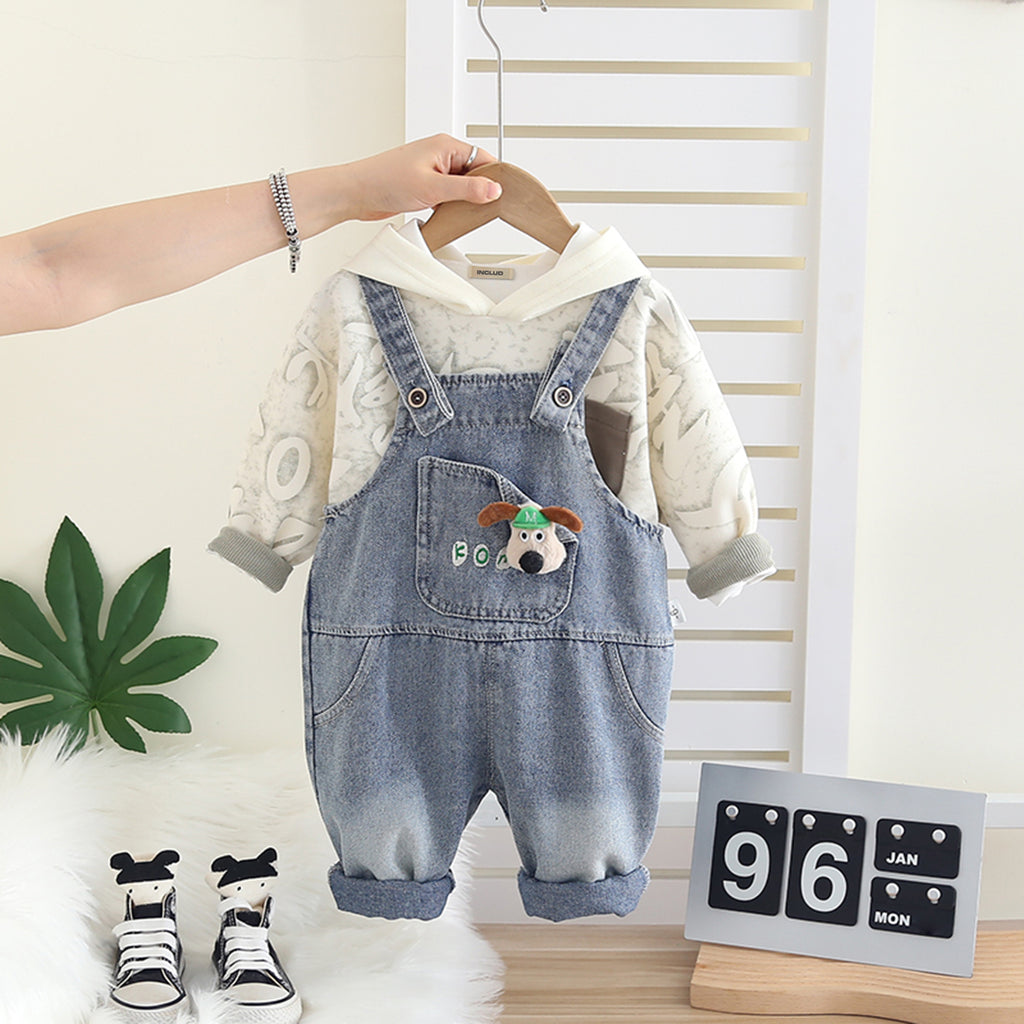 Boys Grey Abstract Printed Hooded T-Shirt With Denim Dungaree Set 2 pc. Sets Grey 1-2 Y