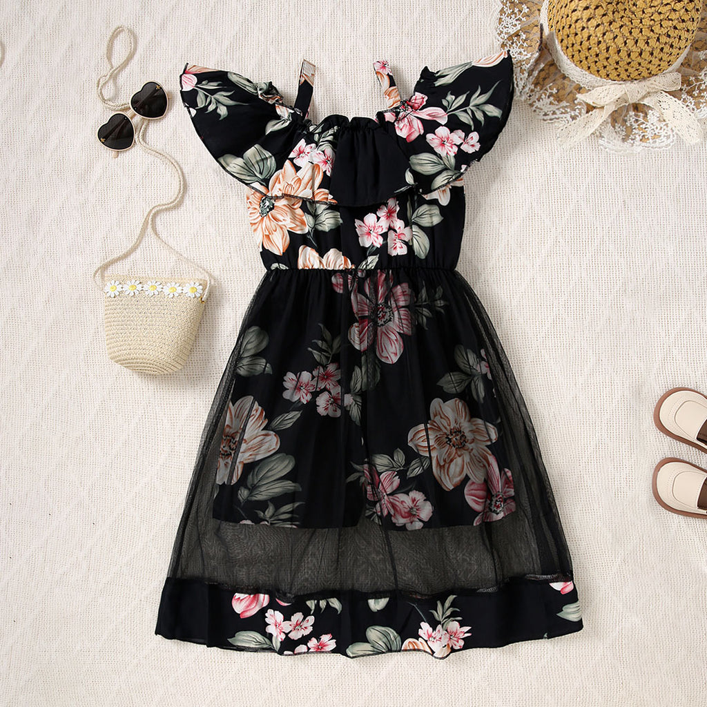 Girls Black Off Shoulder Floral Print Jumpsuit Jumpsuits Black 8-9 Y