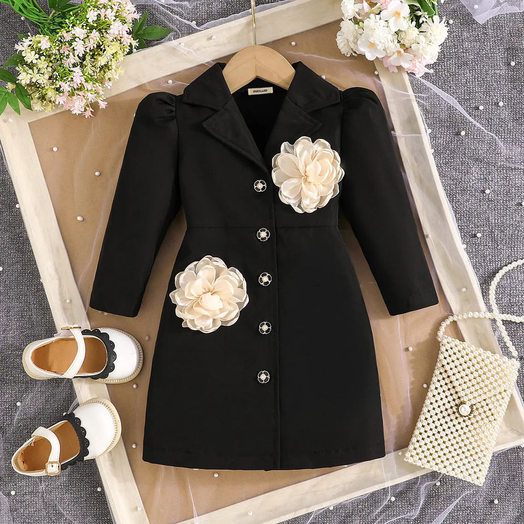 Girls Black Flowers Applique Long Sleeves Blazer Dresses Casual Dresses Black 2-3 Y