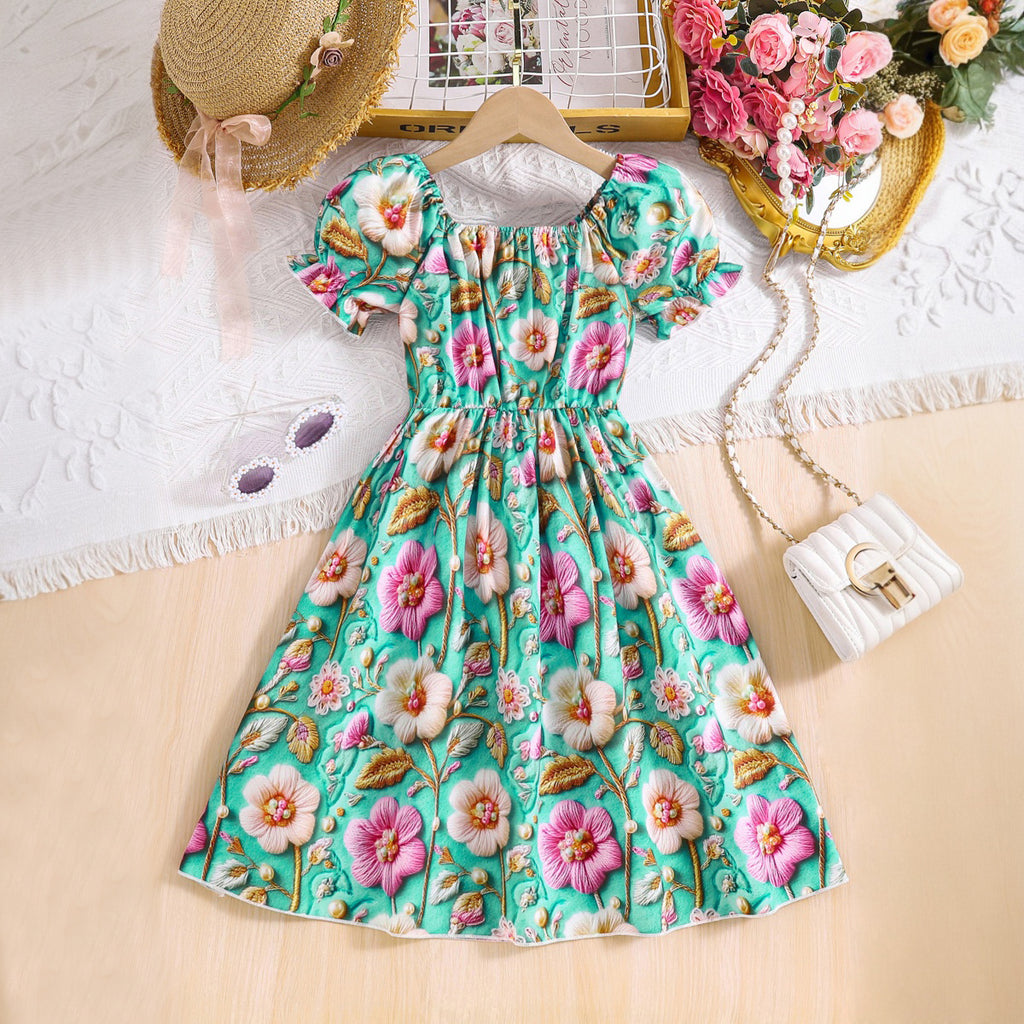 Girls Multi Colored floral Printed Scoop Neck Fit & Flare Dress Casual Dresses Multicolor 3-4 Y