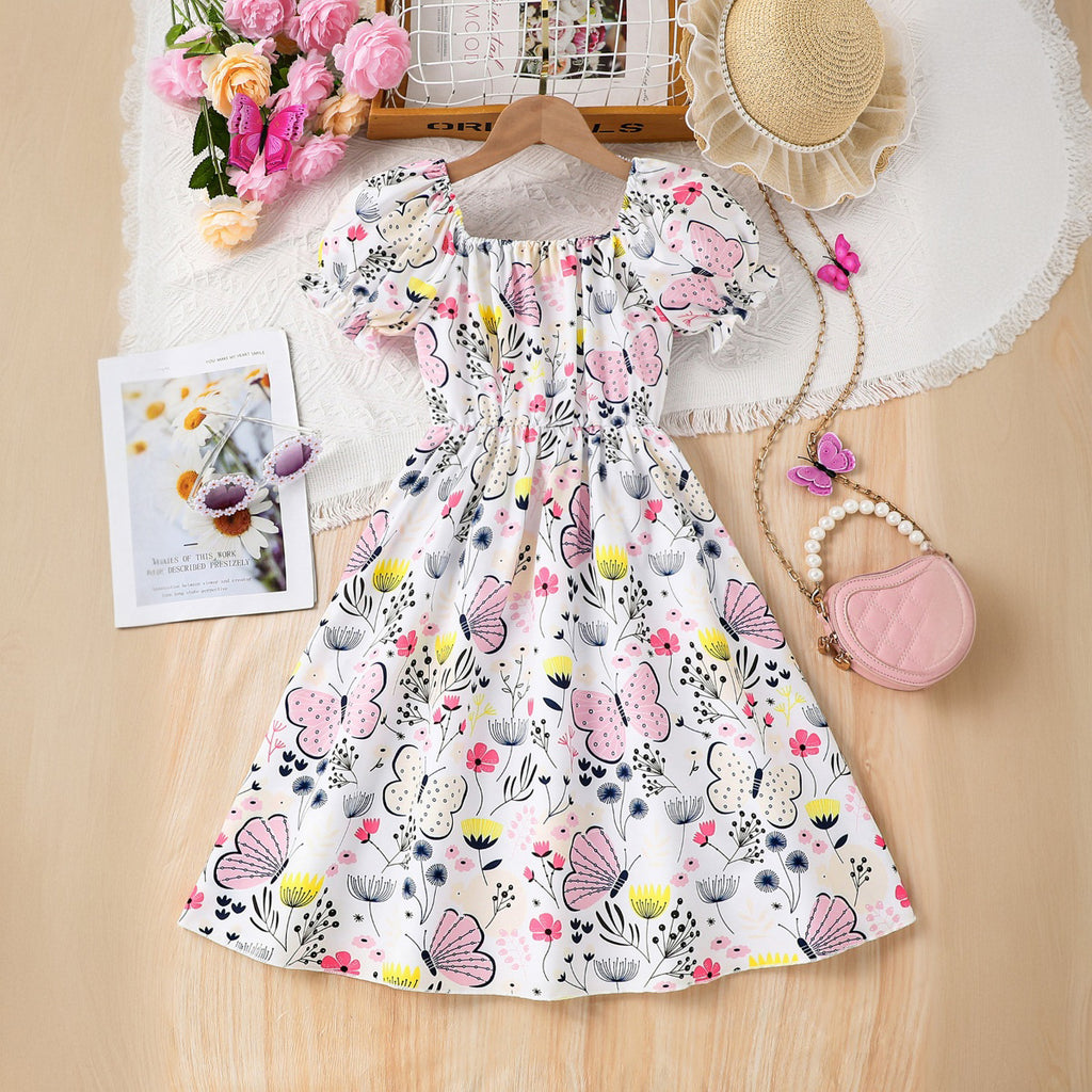 Girls Multicolored Butterfly Printed Scoop Neck Fit & Flare Dress Casual Dresses Multicolor 3-4 Y