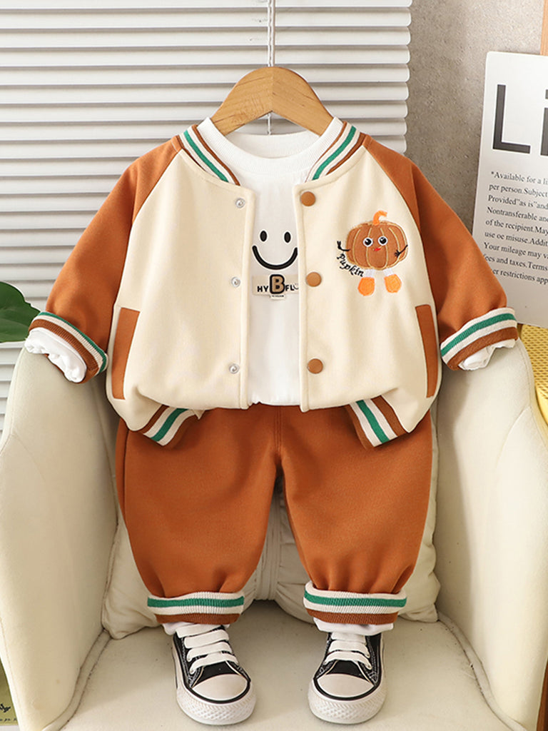 Boys Brown Pumpkin Embroidered Varsity Jacket With T-Shirt & joggers Set Sets Brown 1-2 Y