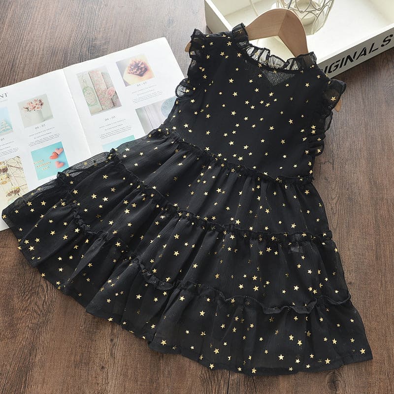 Girls Sleeveless Star Foil Print Fit & Flare Dress Casual Dresses Black 2-3 Y 