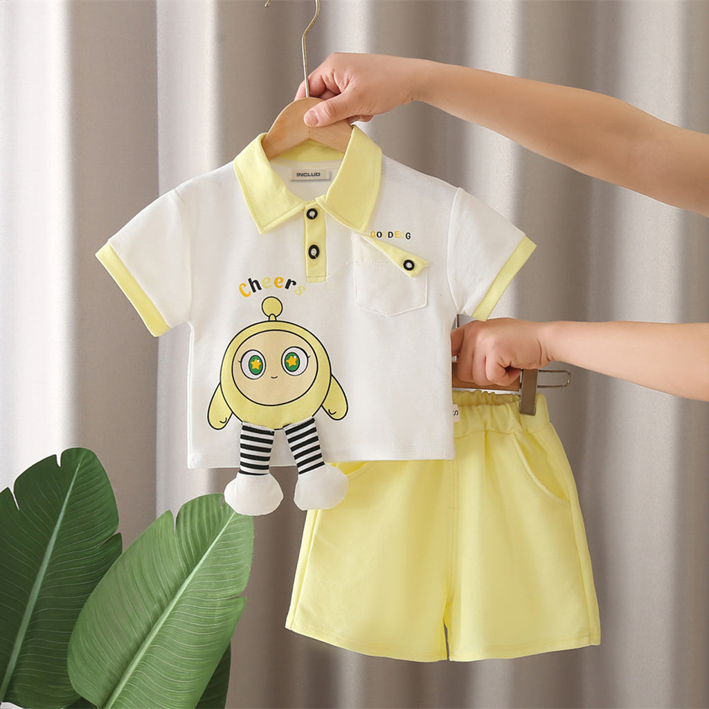 Boys Yellow Cartoon Printed Applique Short Sleeves Polo T-Shirt With Shorts Set 2 pc. Sets