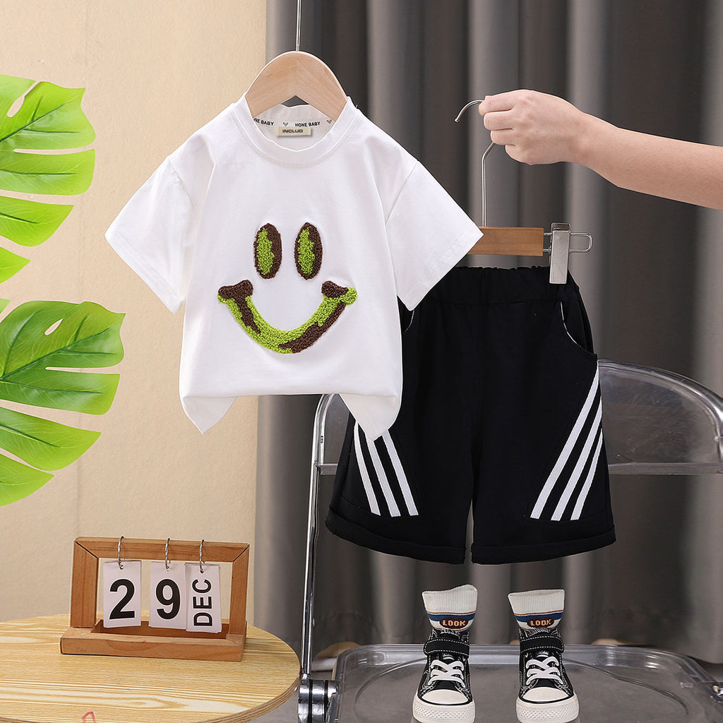 Boys White Smiley Patch T-shirt with Striped Shorts Set Sets White 1-2 Y