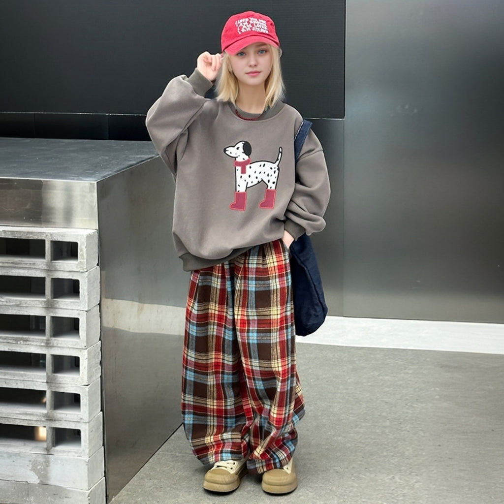 Girls Brown Cartoon Graphic Winter Sweatshirt With Checked Pant Set 2 pc. Sets Brown 5-6 Y