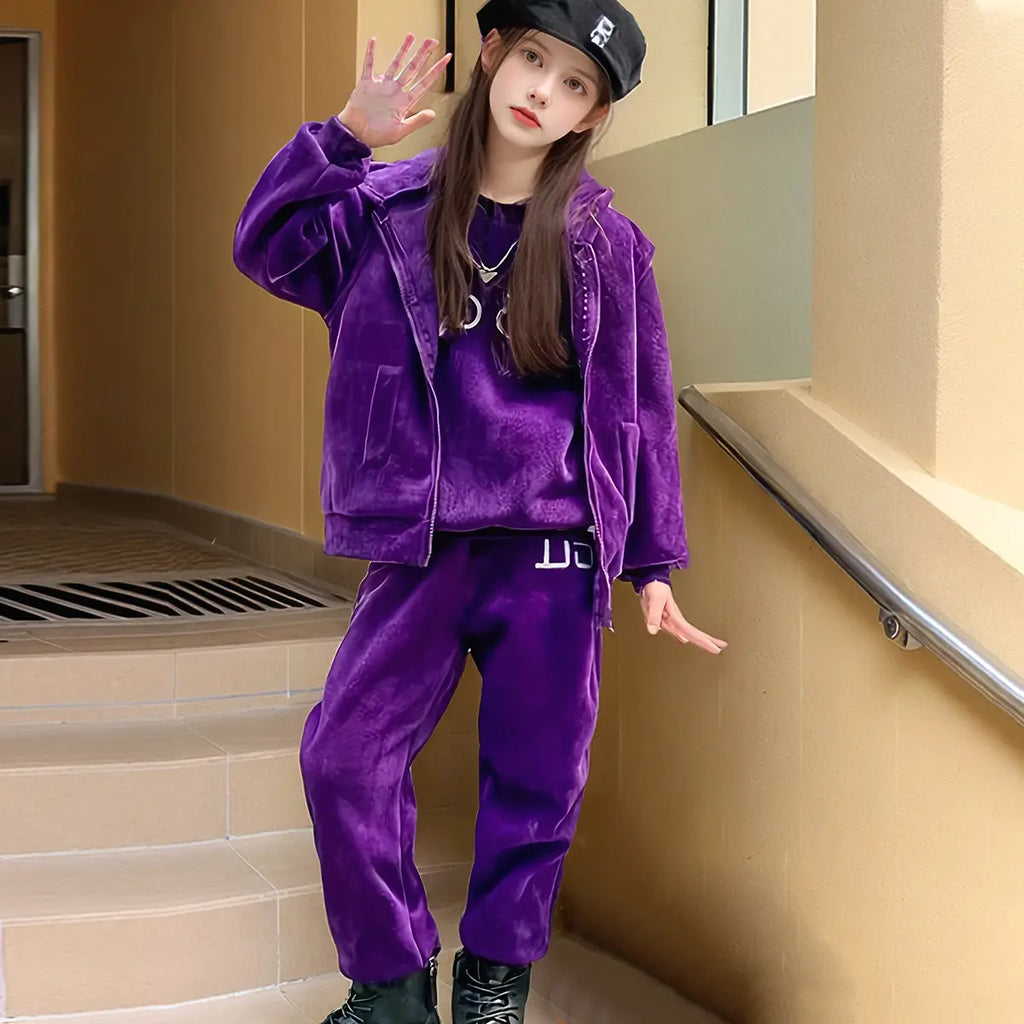 Girls Purple Alphanumeric Printed Sweatshirt With hooded Vest & jogger Co-ord Sets Sets Purple 5-6 Y