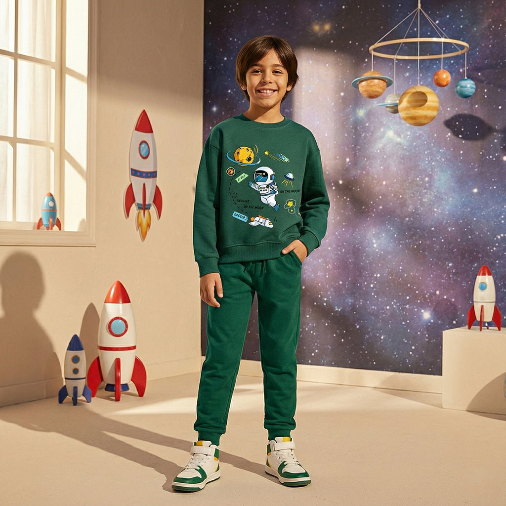 Boys Green Space Graphics Round Neck Sweatshirt With Joggers Sets 2 pc. Sets Green 1-2 Y