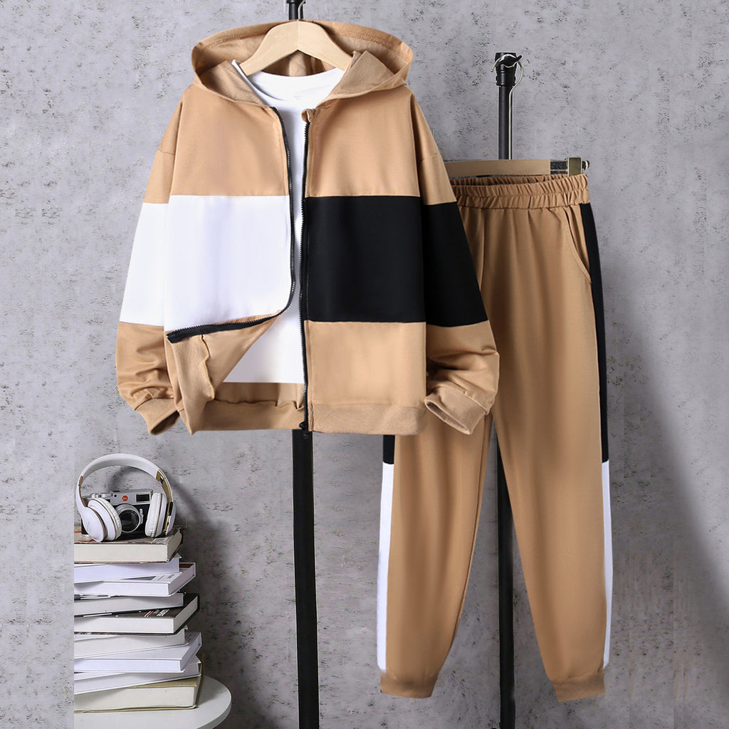 Boys Khaki Color-blocked Hooded Sweatshirt With Pants Sets 2 pc. Sets Khaki 12-13 Y
