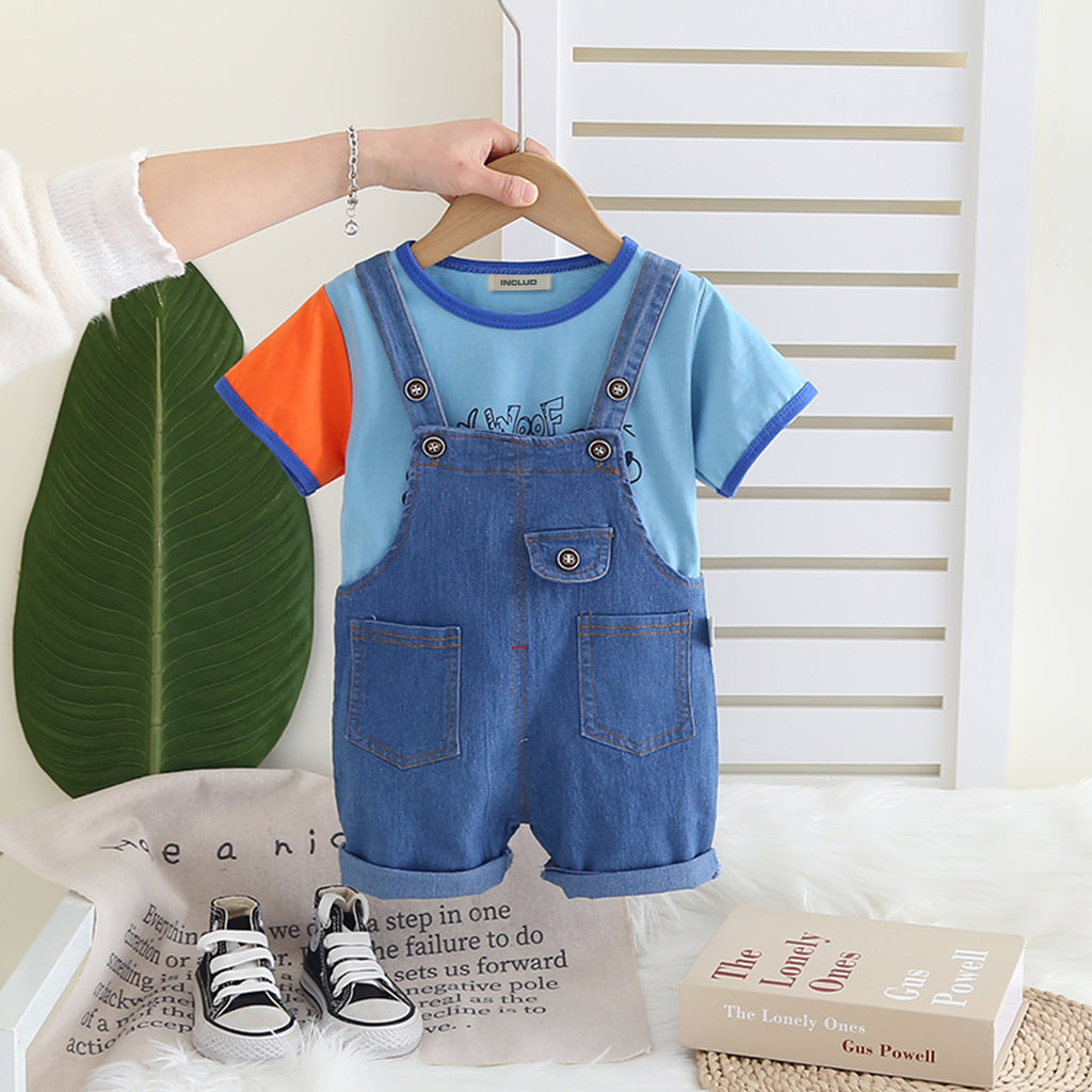 Boys Sky Blue Short Sleeves Round Neck T-Shirt With Denim Dungaree Set 2 pc. Sets Sky Blue 1-2 Y