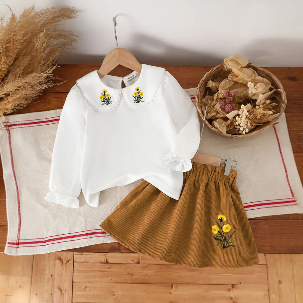 Girls White Floral Embroidered Top With Skirts Sets 2 pc. Sets White 3-4 Y