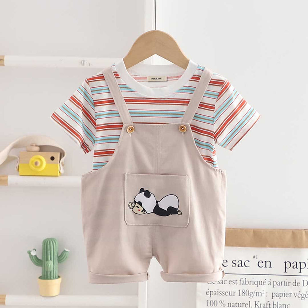 Boys Striped T-shirt with Panda Dungaree Set Sets Beige 1-2 Y 